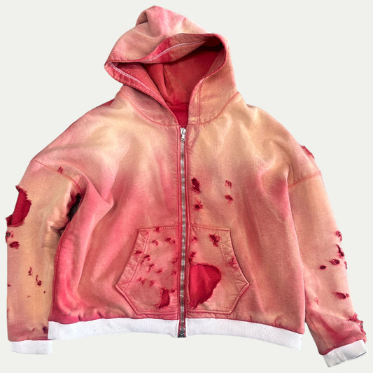 DESTROYED DOUBLE LAYER RED HOODIE (MEDIUM)