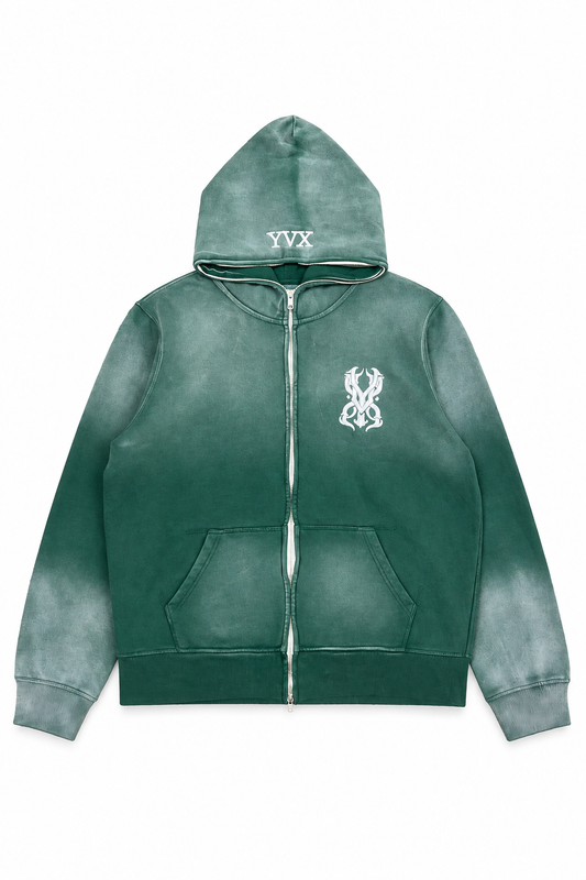 Sunfaded Monogram Zip Up Hooded Sweatshirt Green front