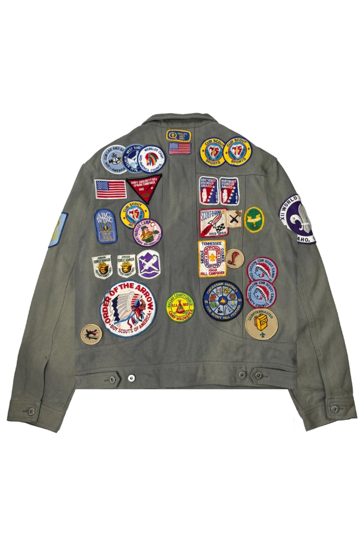 YVX Workshop Patch Spine Jacket Grey, back view with embroidered vintage scout patches on white background