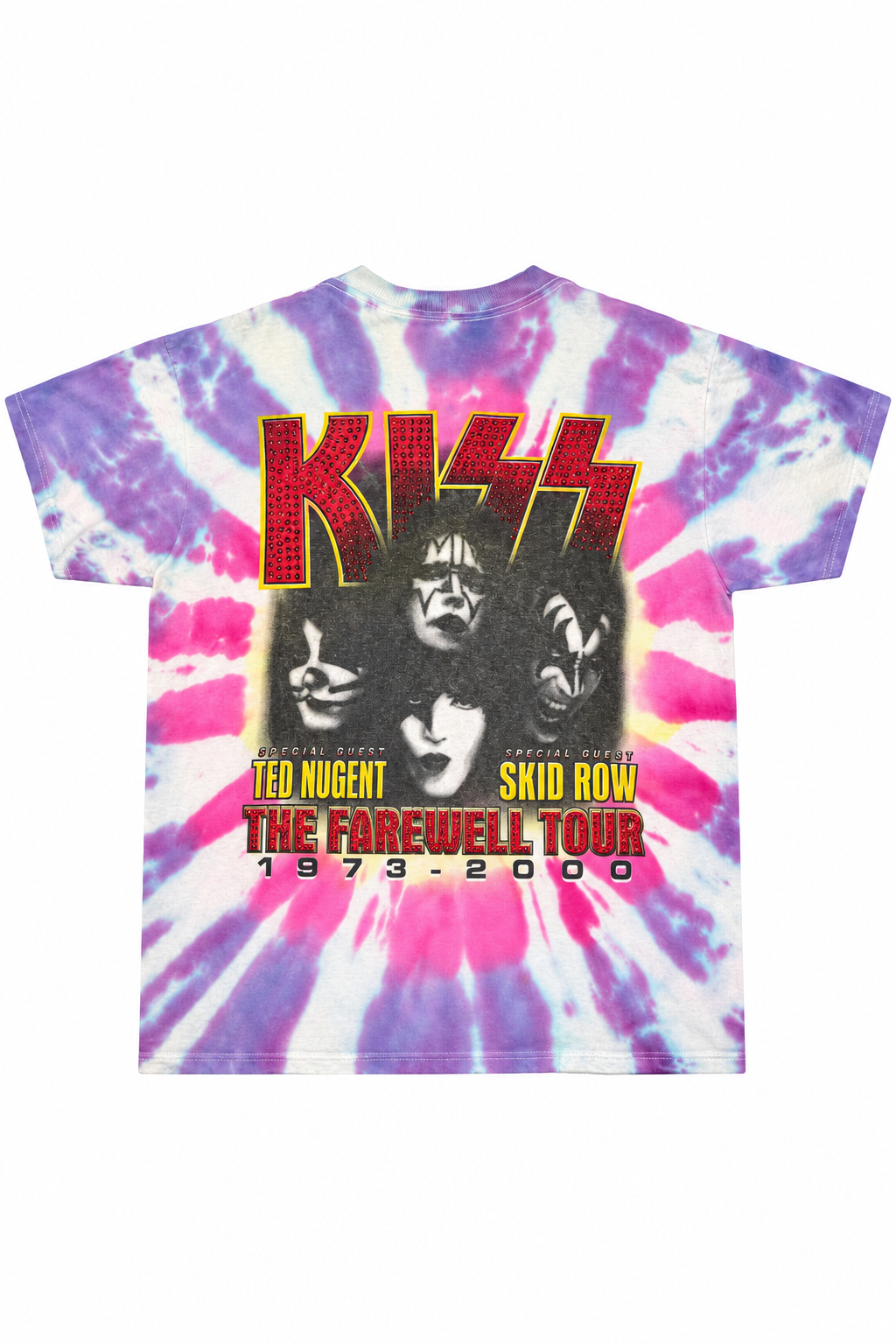 Back of YVX Reworked Vintage KISS Tee, pink/purple tie-dye and Farewell Tour graphic, 2:3 white-background