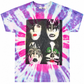 Front of YVX Reworked Vintage KISS Tee, pink/purple tie-dye and four faces graphic, 2:3 white-background