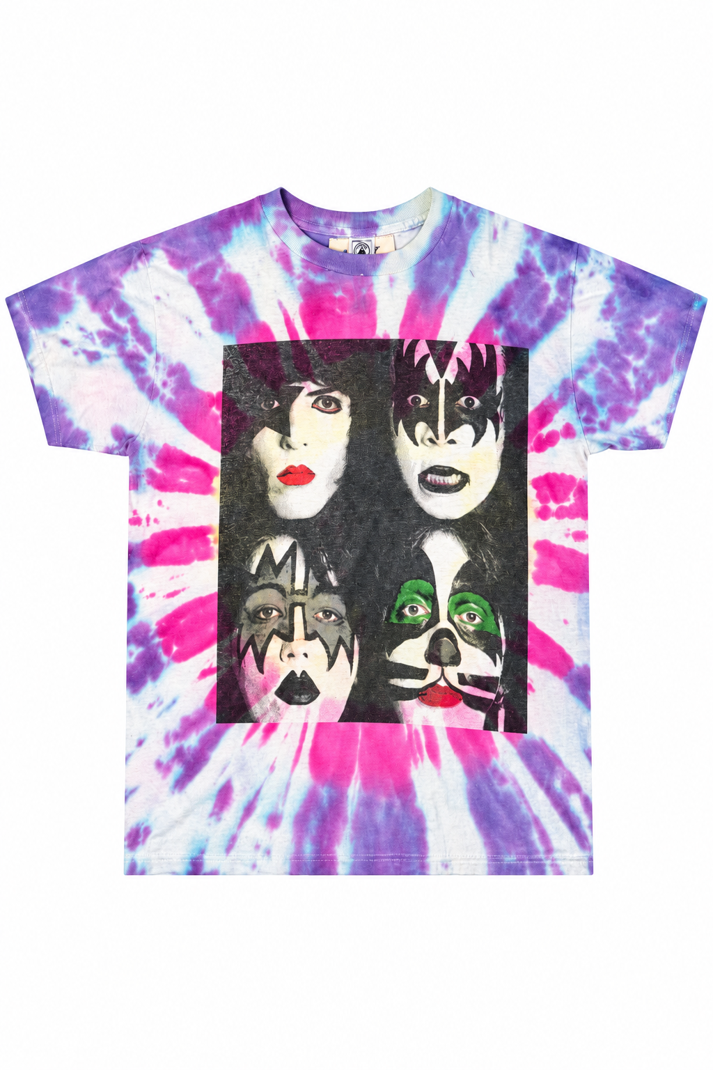 Front of YVX Reworked Vintage KISS Tee, pink/purple tie-dye and four faces graphic, 2:3 white-background